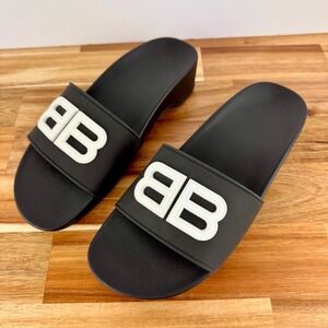 Balenciaga BB Logo Pool Slides Sandals Black Womens 7 | 37 Designer Shoes NWB‎